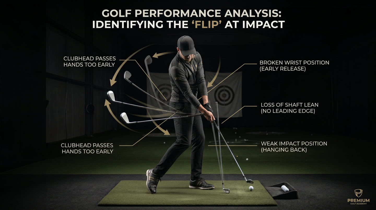 Correct impact position — forward shaft lean, bowed wrist, ball-first contact